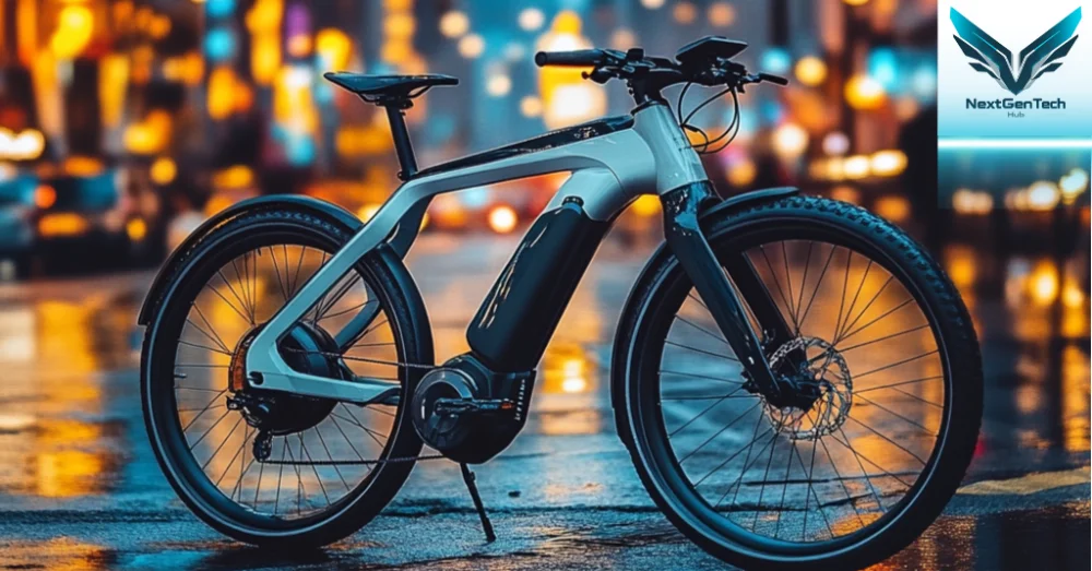 Sleek electric bike parked on a vibrant city street at night, highlighting its modern design and advanced technology against the backdrop of urban lights.
