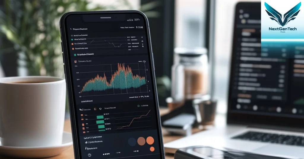 High-tech financial app interface displaying real-time analytics on a smartphone, with a background of a modern workspace including a laptop and a cup of coffee, emphasizing digital finance.