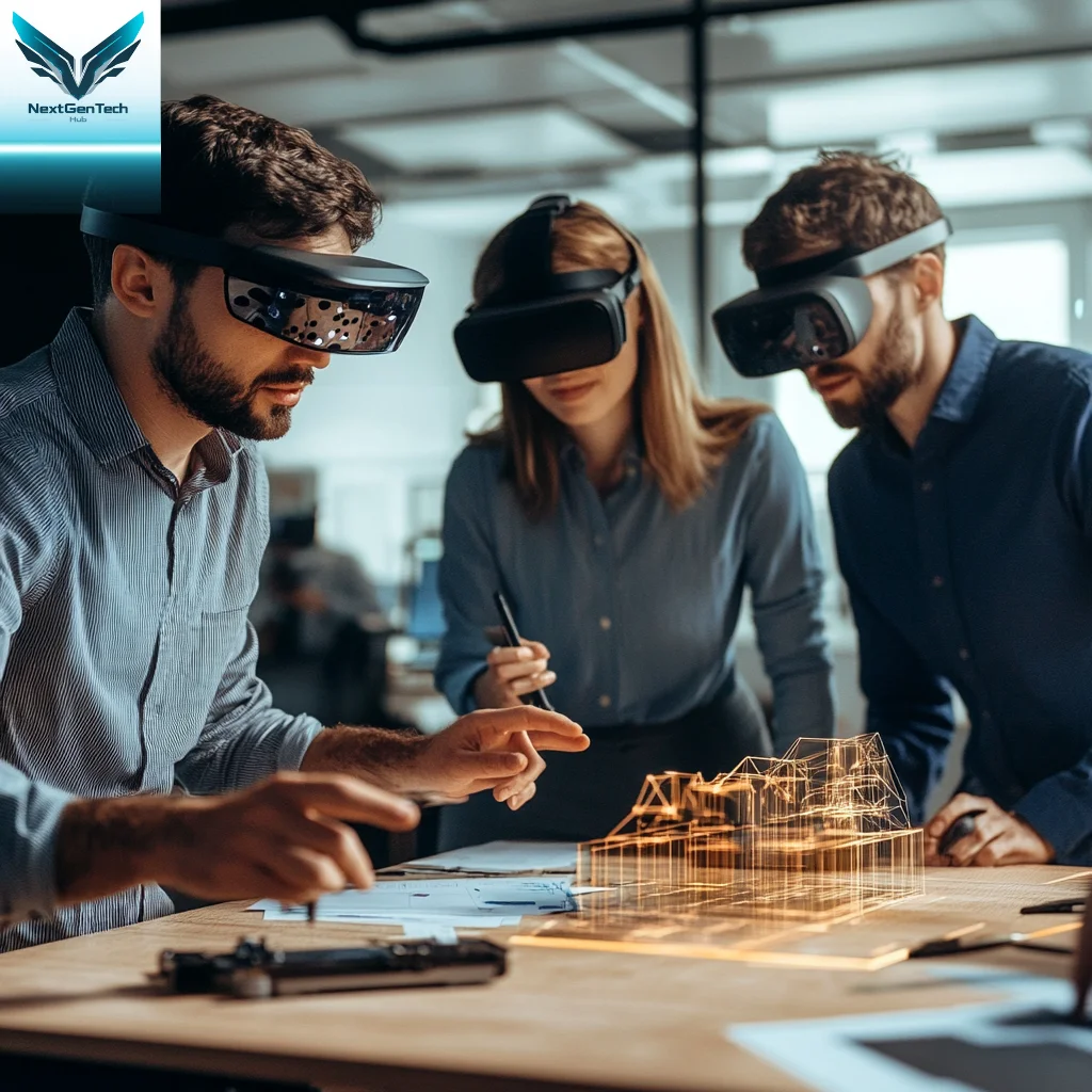title="Corporate professionals using AR technology for interactive business collaboration" Corporate professionals leveraging augmented reality (AR) technology for interactive business collaboration and planning, enhancing communication and efficiency