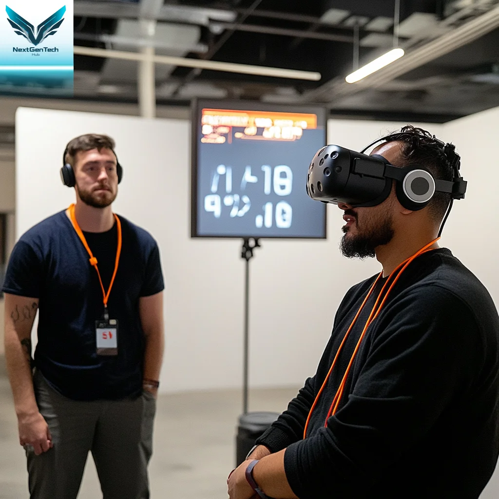 title="Participant solving technical problems through AR tools during a troubleshooting session" Augmented reality troubleshooting session showing a participant resolving technical challenges using advanced AR tools, enhancing efficiency in technical support.