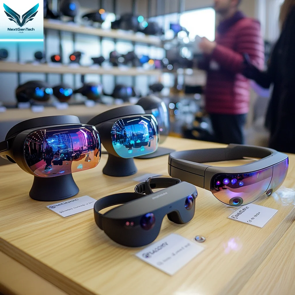 title="Comparison of AR Tools" Side-by-side image showing different AR tools and devices laid out on a table, illustrating a comparison of augmented reality technologies