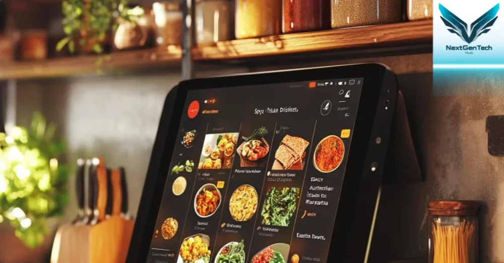 Cozy modern kitchen with a smart tablet displaying an interactive recipe app, showcasing the fusion of technology and culinary arts for home cooks.