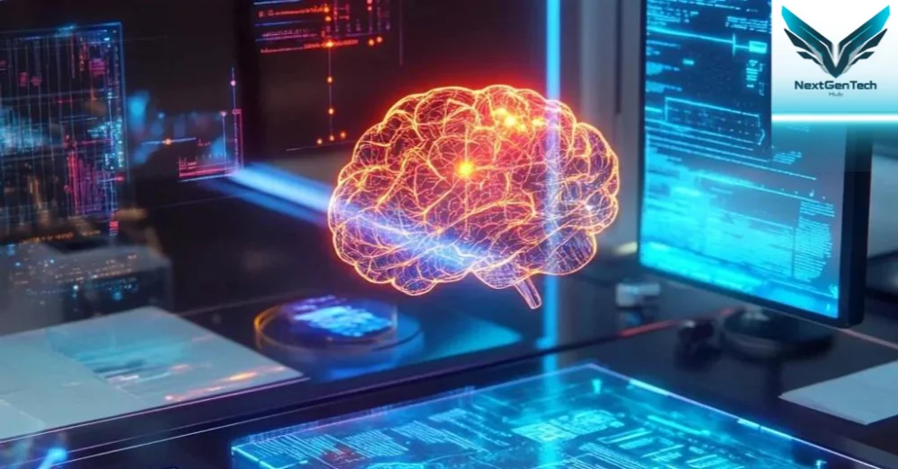 Advanced AI-Controlled Digital Brain Interface in a Futuristic Tech Workshop.