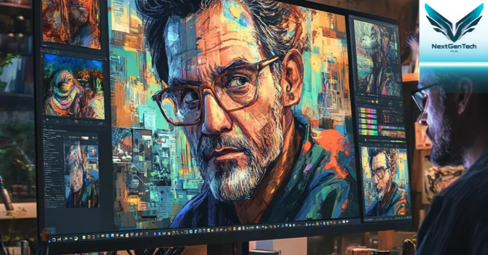 Digital artist focused on a large monitor displaying a vibrant and modern artwork. The workspace is filled with advanced digital tools and a cozy, creative atmosphere
