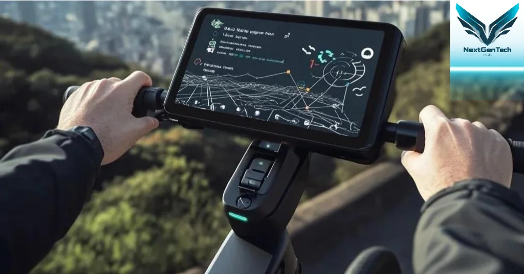 Electric bike rider at a scenic city overlook featuring a digital display for advanced navigation and performance analytics