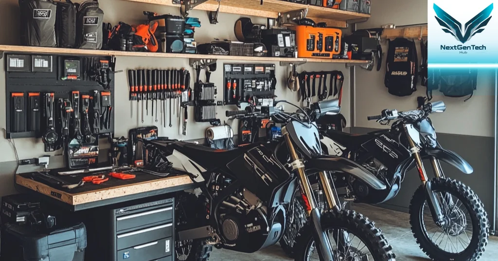 Electric dirt bikes parked in a modern garage workshop with tools and equipment organized neatly.