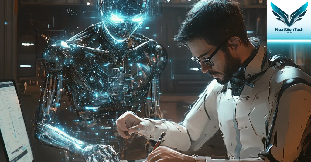 Futuristic robot assisting a creative writer with advanced brainstorming tools