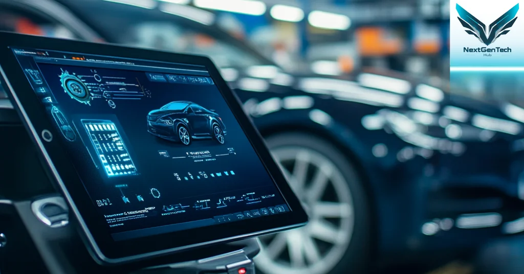 Tablet displaying diagnostic data of a hybrid car in a modern repair facility