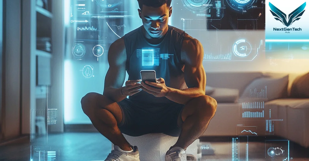Man checking his smartphone in a futuristic home gym setting with digital fitness analytics displayed around him
