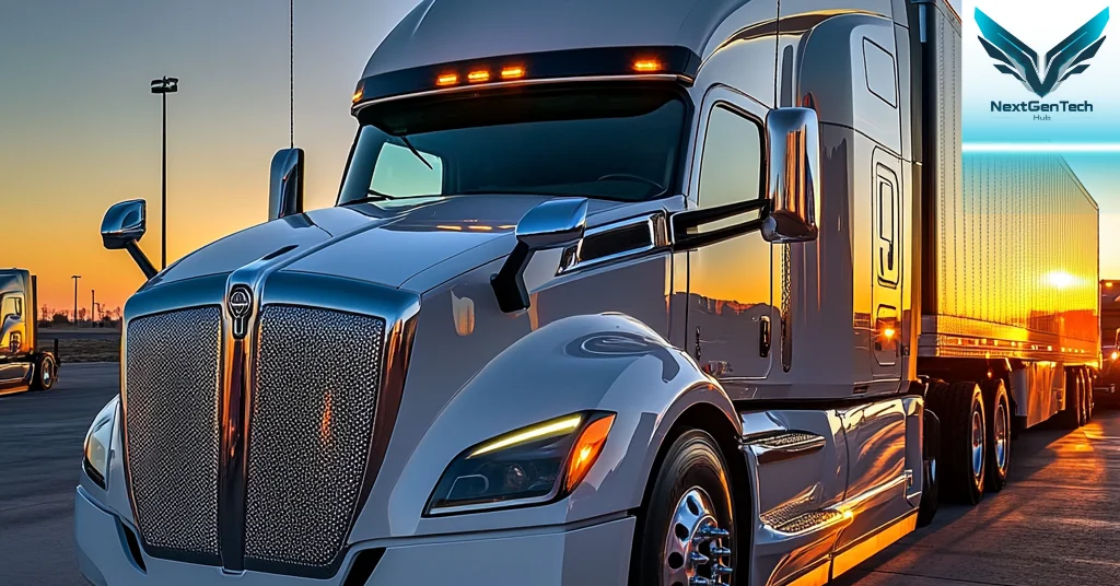 Front-facing view of a modern semi-truck with a large sleeper cabin, showcasing aerodynamic design and powerful headlights.
