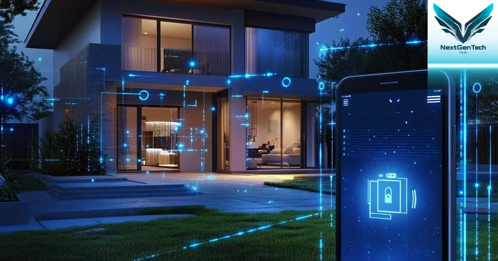 Nighttime view of a modern home with advanced smart security system activated via smartphone