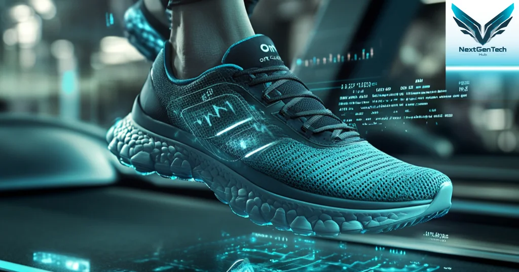 On Cloud Shoes on a treadmill with futuristic data overlay, showcasing advanced running technology