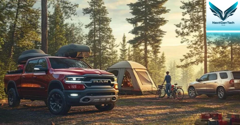 A serene outdoor camping scene featuring a Dodge Ram hybrid truck, a family tent, and a person standing with bicycles, set against a backdrop of a lush forest and golden sunset.