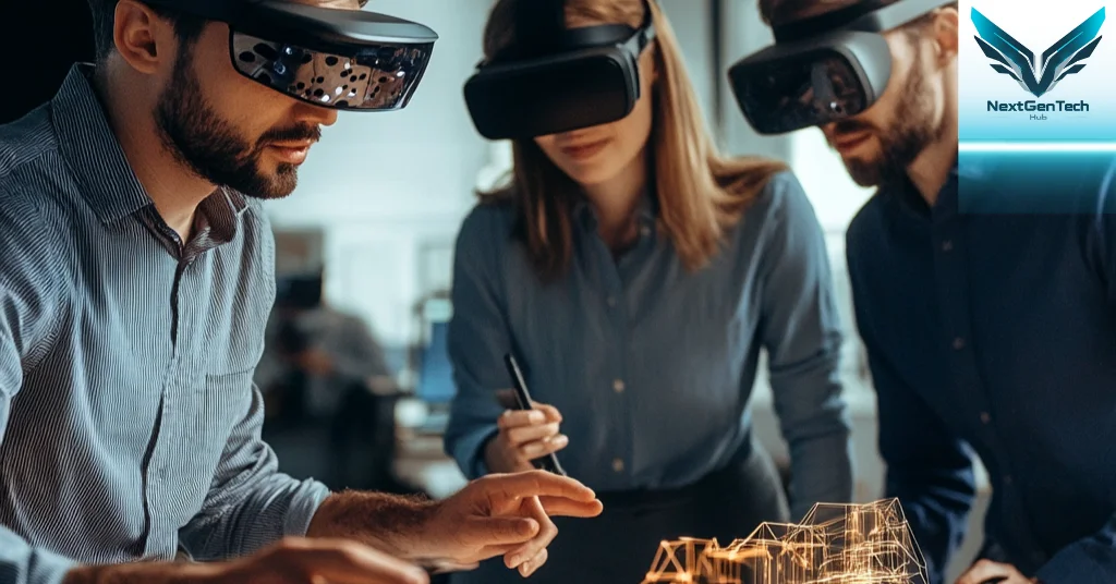 Three professionals using augmented reality (AR) headsets in a corporate setting for interactive business collaboration