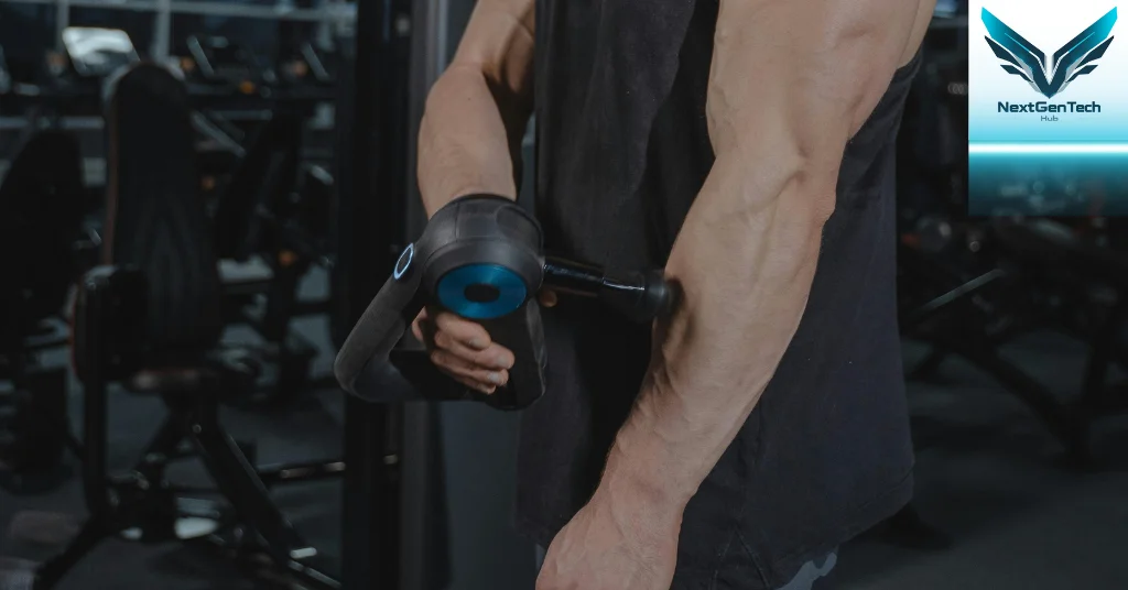 Bodybuilder using a Theragun for muscle recovery in a gym setting
