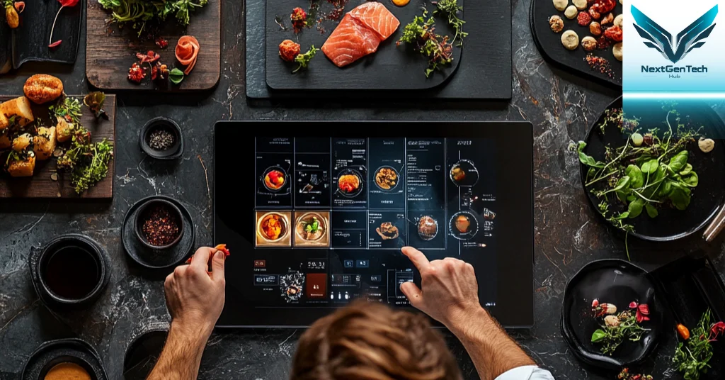 Chef using AI technology to plate a beautifully presented dish in a modern kitchen