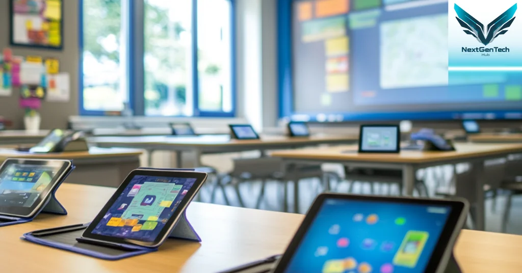 Tablets arranged on desks in a modern digital classroom setting