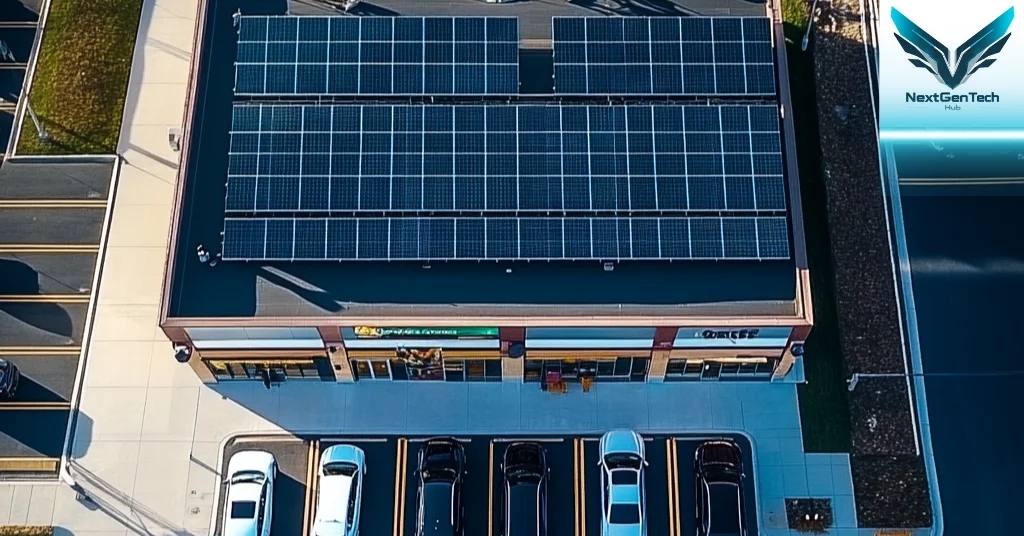 Aerial view of Farm and Fleet store with solar panels on the roof