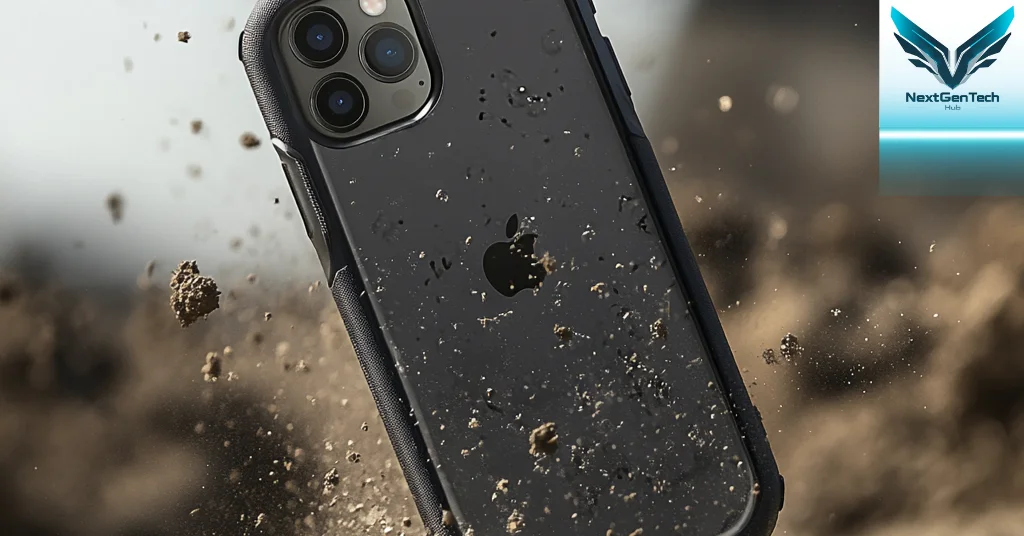 Rugged iPhone case in action, demonstrating durability in outdoor conditions with dirt and debris