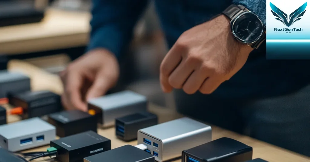 Close-up of a tech enthusiast organizing various USB charging devices on a desk